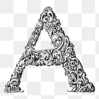 Ornamental A letter png sticker, vintage illustration, transparent background. Free public domain CC0 image.