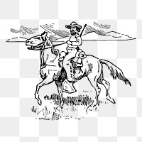 Cowboy riding horse png sticker, vintage illustration, transparent background. Free public domain CC0 image.