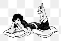 Woman lying down png sticker, vintage illustration, transparent background. Free public domain CC0 image.