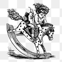 Girl playing rocking horse png sticker, vintage illustration, transparent background. Free public domain CC0 image.