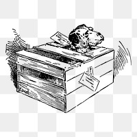 Dog in box png sticker, vintage illustration, transparent background. Free public domain CC0 image.