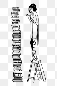 Lady & book stack png sticker illustration, transparent background. 