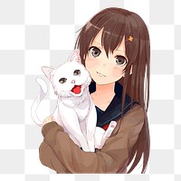 Png anime girl with cat sticker, transparent background. Free public domain CC0 image.