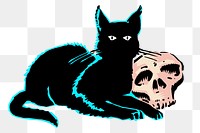 Cat and skull png sticker Halloween illustration, transparent background. 