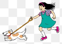Girl png sticker walk a dog illustration, transparent background. Free public domain CC0 image.