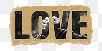 Love png word, couple holding hands together, ripped paper in transparent background