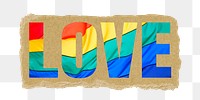 Love png word sticker typography, LGBTQ flag texture, torn paper in transparent background