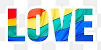 Love png word sticker typography, LGBTQ flag texture, transparent background