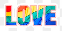 Love png word sticker typography, LGBTQ flag texture, transparent background