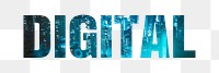 Digital png word sticker typography, blue city buildings, transparent background