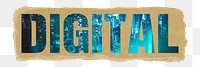 Digital png word sticker typography, blue city buildings, torn paper in transparent background