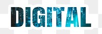 Digital png word sticker typography, blue city buildings, transparent background