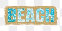 Beach png typography, blue water texture in transparent background, torn paper collage element