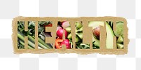 Health png word sticker typography, food and vegetables, transparent background, torn paper collage element