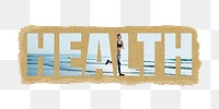 Health png word sticker typography, woman running by the beach, ripped paper in transparent background