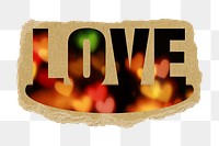 Love png word sticker, bokeh design on ripped paper, transparent background