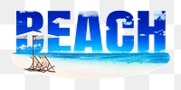 Beach png word sticker, blue design on transparent background