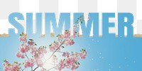 Summer word png border sticker, cherry blossom on torn paper, transparent background