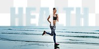 Health word png border sticker, woman running, transparent background