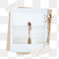 Png woman walking on beach sticker instant photo, aesthetic flower design, transparent background