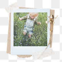 Kid png sticker instant photo, aesthetic flower design, transparent background