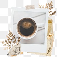 Coffee cup png sticker instant photo, aesthetic leaf design, transparent background