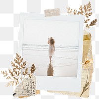 Png woman walking on beach sticker instant photo, aesthetic leaf design, transparent background