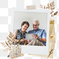 Senior couple png sticker instant photo, aesthetic leaf design, transparent background