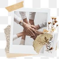 Teamwork png sticker instant photo, aesthetic flower design, transparent background