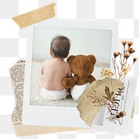 Baby & bear png sticker instant photo, aesthetic flower design, transparent background