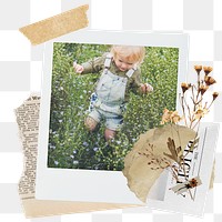 Kid png sticker instant photo, aesthetic flower design, transparent background