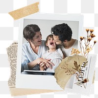 Family png sticker instant photo, aesthetic flower design, transparent background