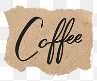 PNG coffee word, torn paper, simple black calligraphy on transparent background