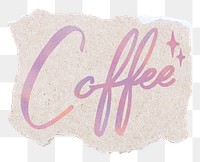 PNG coffee word, aesthetic sticker in ripped paper, purple sunset color calligraphy