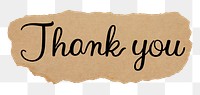 Thank you png word, black calligraphy on torn paper, transparent background