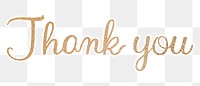 Thank you png word, gold glittery calligraphy, digital sticker with white outline in transparent background