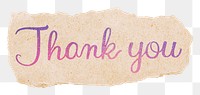 Thank you png word, ripped paper glittery calligraphy, transparent background