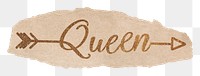 Queen word png, gold glittery calligraphy on ripped paper, transparent background