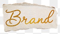 Brand word png, torn paper, gold glittery calligraphy on transparent background