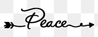 Peace png word, minimal black calligraphy, digital sticker with white outline in transparent background