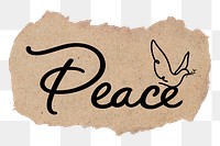 PNG peace word, ripped paper, simple black calligraphy on transparent background