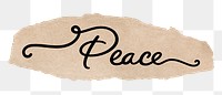 Peace word png, black calligraphy on torn paper, transparent background