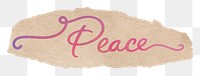 PNG peace word, aesthetic pink text on a torn paper, transparent background