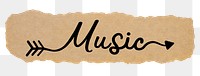 Music word png, ripped paper, simple black calligraphy on transparent background