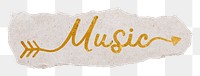 Music png word, ripped paper, gold glittery calligraphy on transparent background