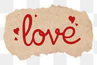 Love word png, red calligraphy on torn paper, transparent background