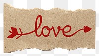 Love word png, red calligraphy on torn paper, transparent background