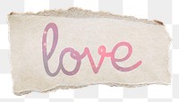 PNG love word, pastel pink calligraphy, torn paper in transparent background