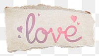 PNG love word, pastel pink calligraphy, ripped paper in transparent background