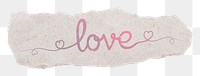 PNG love word, pastel pink calligraphy, ripped paper in transparent background